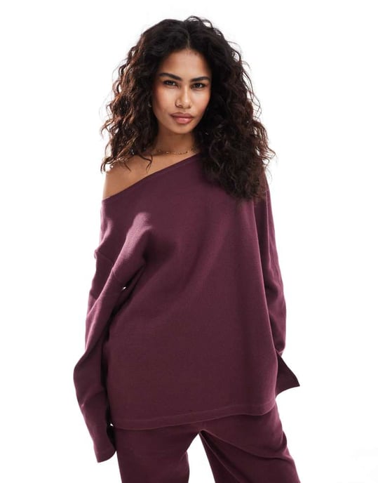 ASOS DESIGN oversized off shoulder waffle top in burgundy co-ord - Image 2