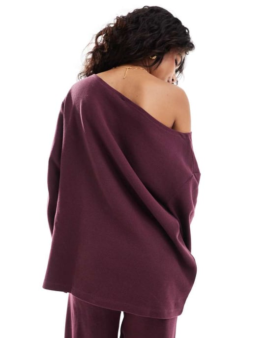 ASOS DESIGN oversized off shoulder waffle top in burgundy co-ord - Image 3