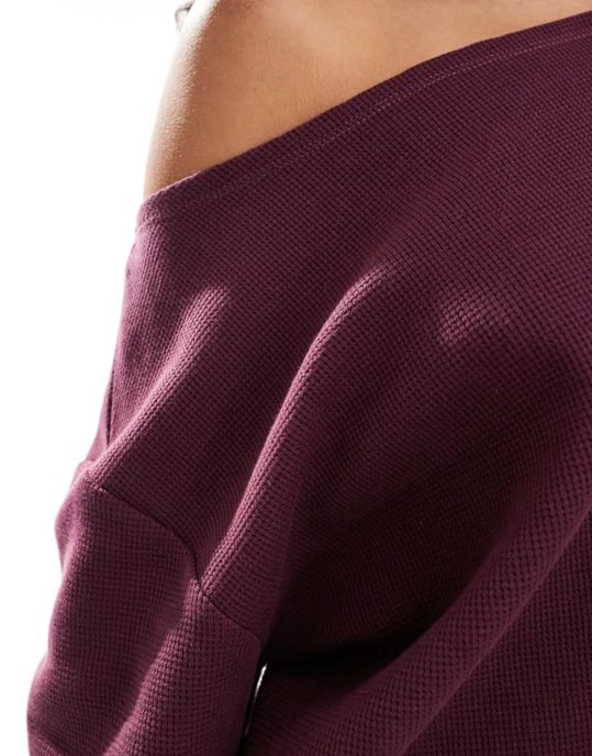 ASOS DESIGN oversized off shoulder waffle top in burgundy co-ord - Image 4