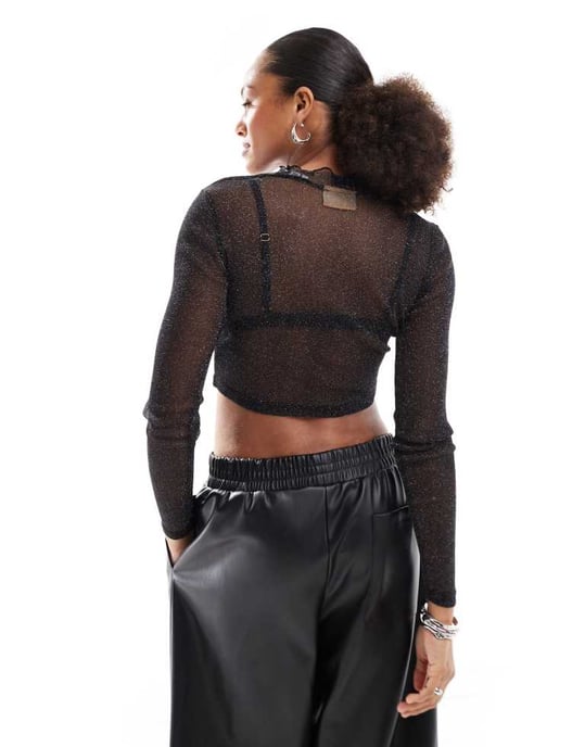 JJXX long sleeve mesh top in black glitter - Image 2