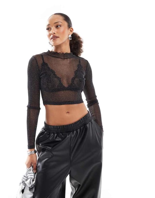 JJXX long sleeve mesh top in black glitter - Image 3
