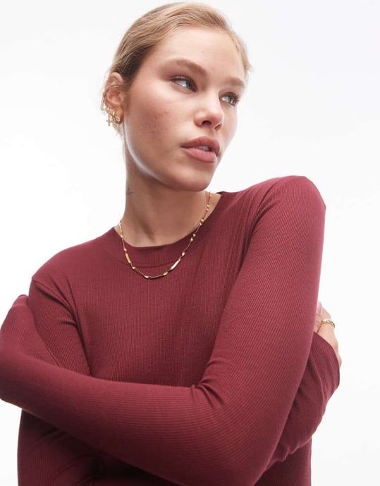 Topshop premium rib long sleeve top in burgundy - Image 2