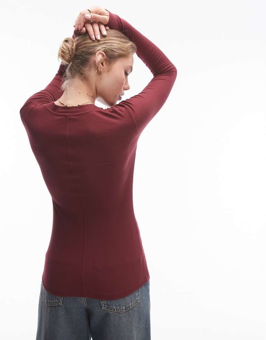Topshop premium rib long sleeve top in burgundy - Image 3