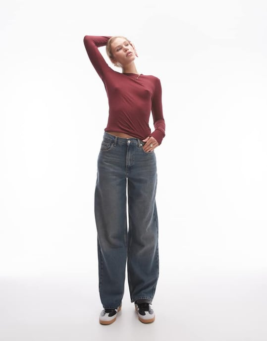 Topshop premium rib long sleeve top in burgundy - Image 4