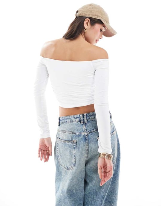 Hollister seamless long sleeve shirred off the shoulder wrap top in white - Image 2