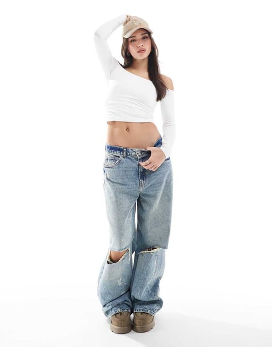 Hollister seamless long sleeve shirred off the shoulder wrap top in white - Image 3
