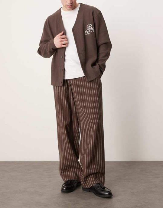 ASOS DESIGN wide leg smart trousers with turn up hem in brown stripe - Image 1