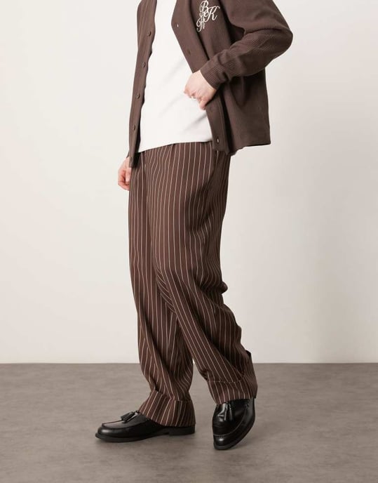 ASOS DESIGN wide leg smart trousers with turn up hem in brown stripe - Image 2