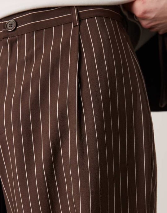 ASOS DESIGN wide leg smart trousers with turn up hem in brown stripe - Image 3