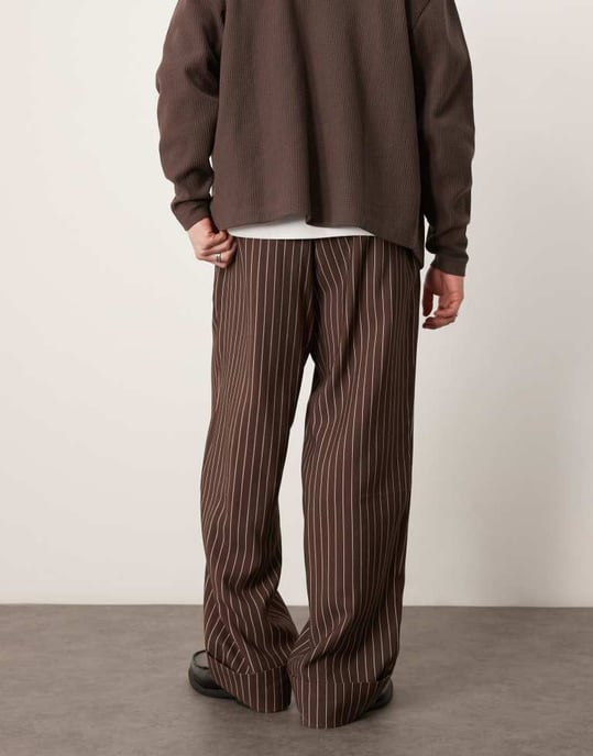 ASOS DESIGN wide leg smart trousers with turn up hem in brown stripe - Image 4