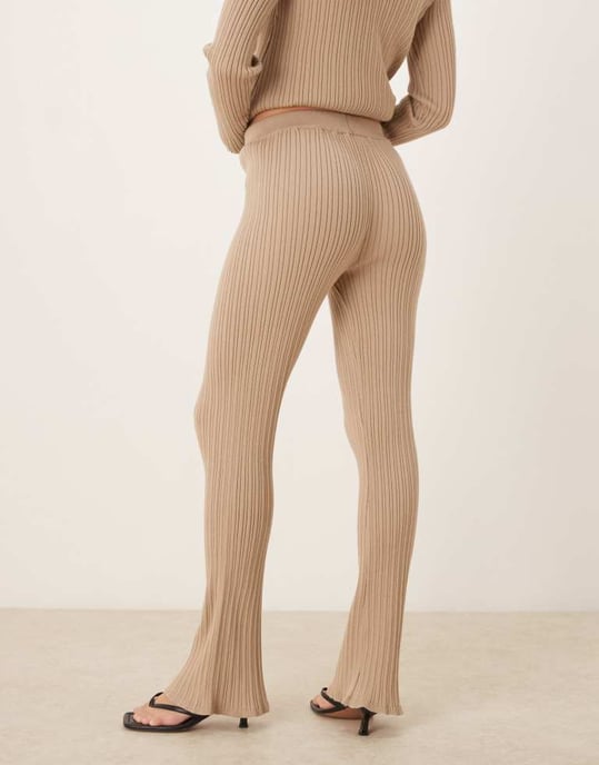 Vila ribbed flare trouser co-ord in tan - Image 2