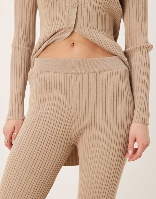 Vila ribbed flare trouser co-ord in tan - Image 3