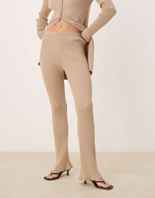 Vila ribbed flare trouser co-ord in tan - Image 4