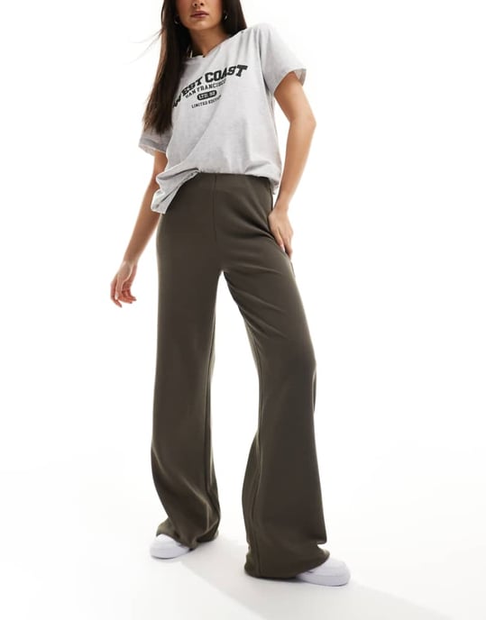 ASOS DESIGN wide leg heavyweight rib trouser in grey - Image 1