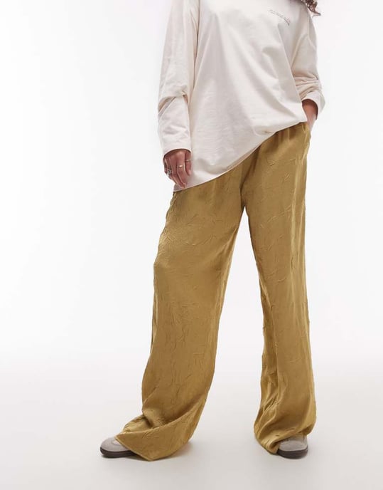 Topshop crinkle satin wide leg trouser in champagne - Image 3