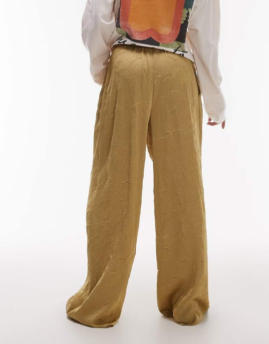 Topshop crinkle satin wide leg trouser in champagne - Image 4