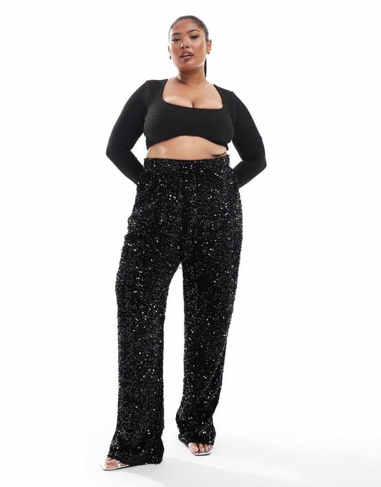 Pieces Curve wide leg velour sequin trousers in black - Image 2
