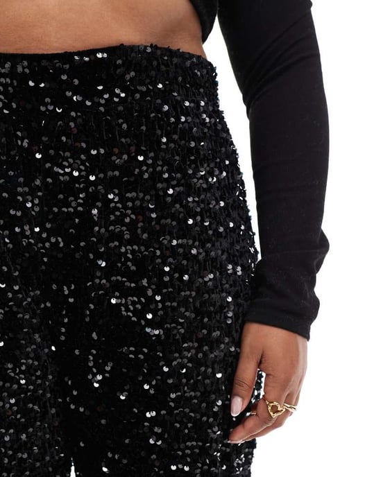 Pieces Curve wide leg velour sequin trousers in black - Image 3