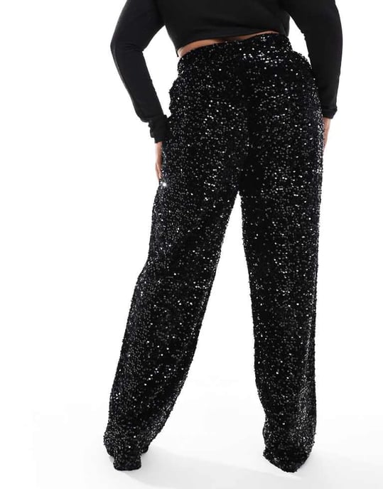 Pieces Curve wide leg velour sequin trousers in black - Image 4