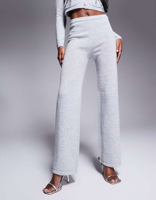 Kaiia exclusive knitted bow detail wide leg trousers co-ord in light grey - Image 3
