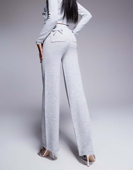 Kaiia exclusive knitted bow detail wide leg trousers co-ord in light grey - Image 4