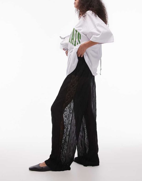 Topshop crinkle lace mix wide leg trouser in black - Image 2