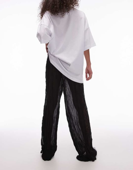 Topshop crinkle lace mix wide leg trouser in black - Image 3