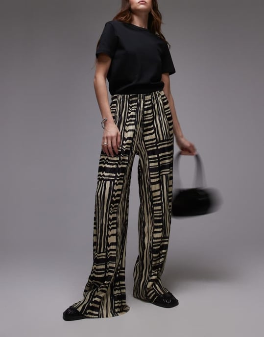 Topshop abstract print plisse wide leg trouser in multi - Image 1