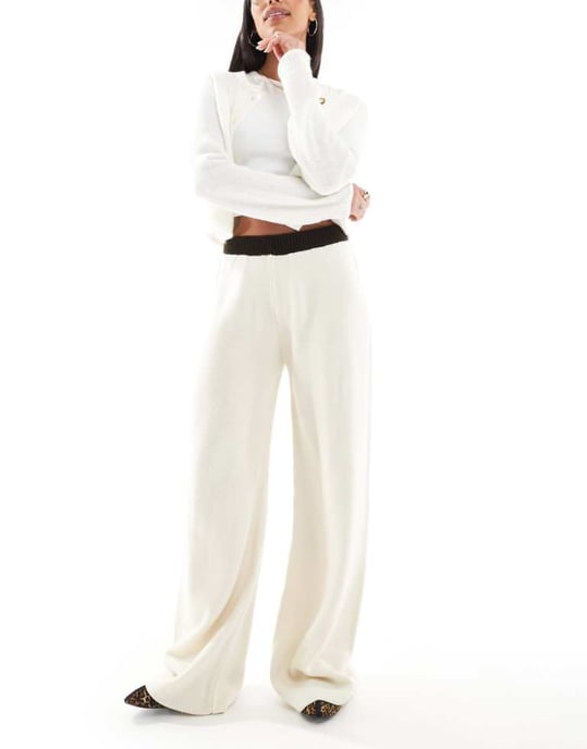 Miss Selfridge chocolate contrast waistband wide leg knitted trouser - Image 1