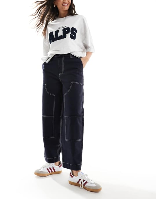 ASOS DESIGN barrel leg trouser in navy with contrast stitch - Image 1