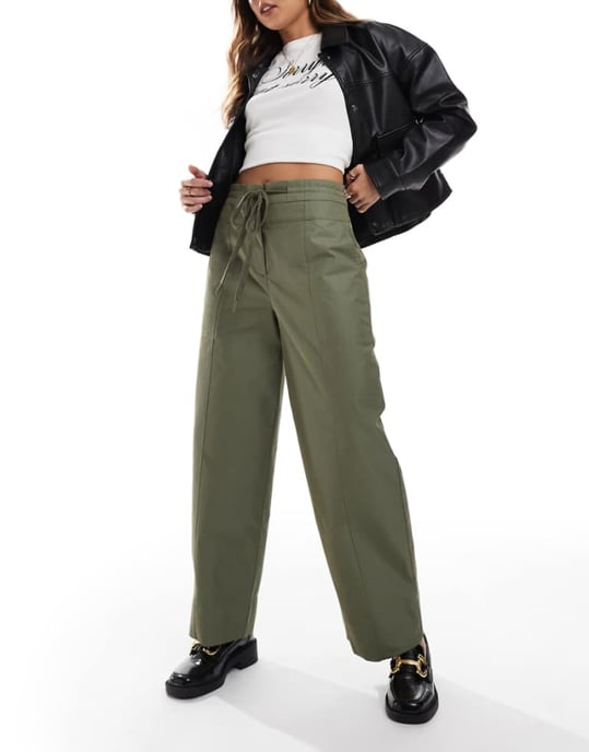 ASOS DESIGN barrel trousers with seam detail in khaki - Image 1