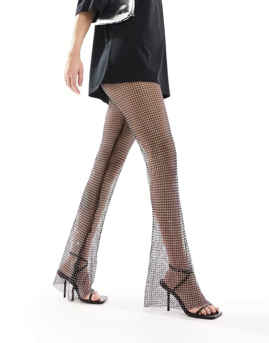ASOS DESIGN fishnet hotfix flare trousers in black - Image 4