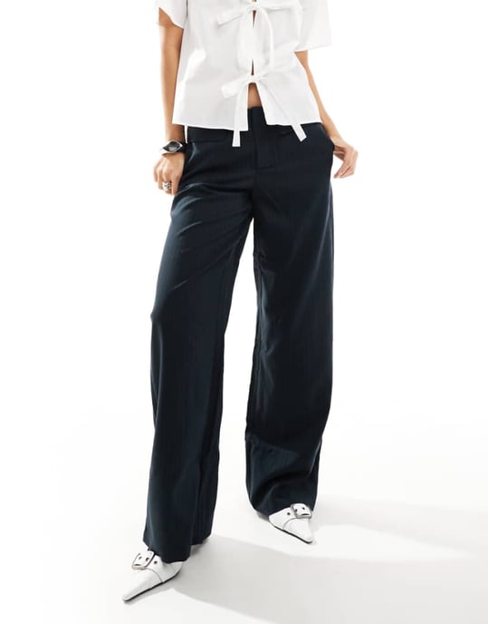 ONLY wide leg trouser with pocket detail in navy pinstripe - Image 1