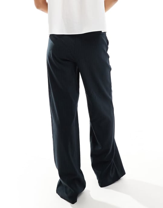 ONLY wide leg trouser with pocket detail in navy pinstripe - Image 2