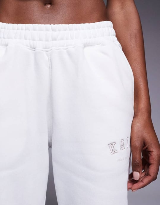 Kaiia cotton blend embroidered logo wide leg joggers co-ord in white and sand - Image 4