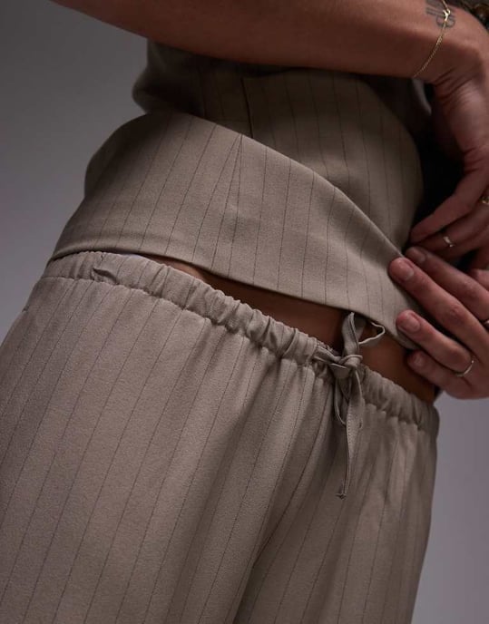 Topshop drawstring front jogger in taupe pinstripe - Image 2