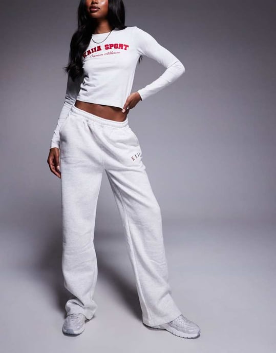 Kaiia cotton rich embroidered logo wide leg joggers co-ord in light grey marl and red - Image 3