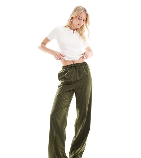 ASOS DESIGN Tall tailored pull on trousers in olive stripe - Image 1