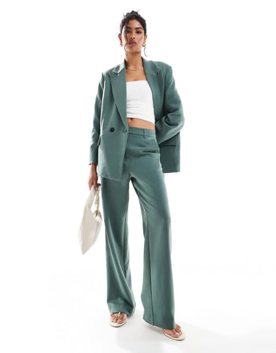 Vero Moda tailored herringbone wide leg co-ord trousers in dark forest green - Image 1