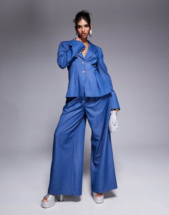 ASOS LUXE co-ord chambray wide leg tailored trouser in blue - Image 1