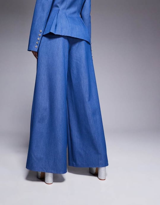 ASOS LUXE co-ord chambray wide leg tailored trouser in blue - Image 2