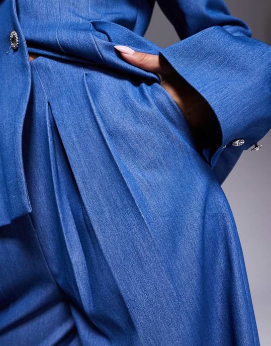 ASOS LUXE co-ord chambray wide leg tailored trouser in blue - Image 3