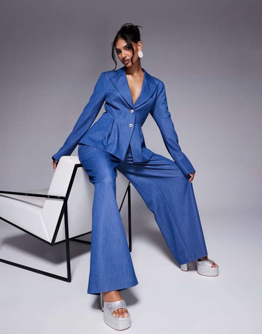 ASOS LUXE co-ord chambray wide leg tailored trouser in blue - Image 4
