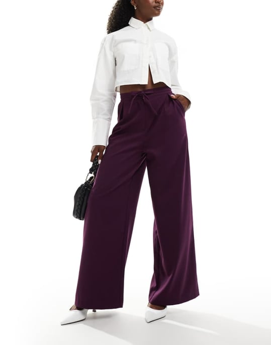 ASOS DESIGN tailored tie waist wide leg trousers with pleat detail in brushed plum - Image 1