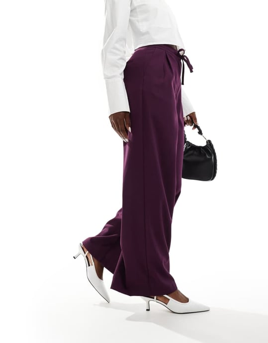 ASOS DESIGN tailored tie waist wide leg trousers with pleat detail in brushed plum - Image 2