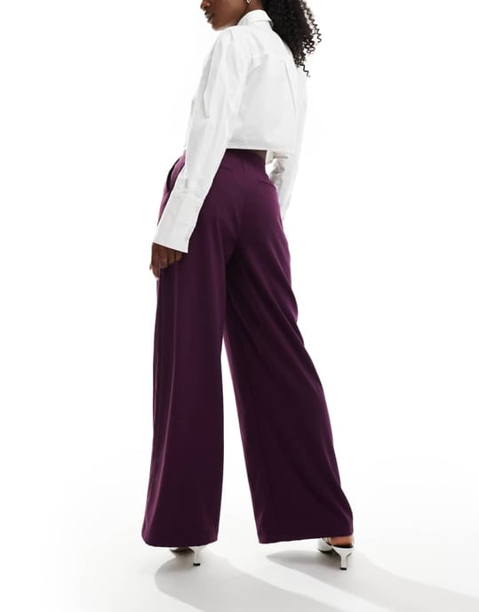 ASOS DESIGN tailored tie waist wide leg trousers with pleat detail in brushed plum - Image 4