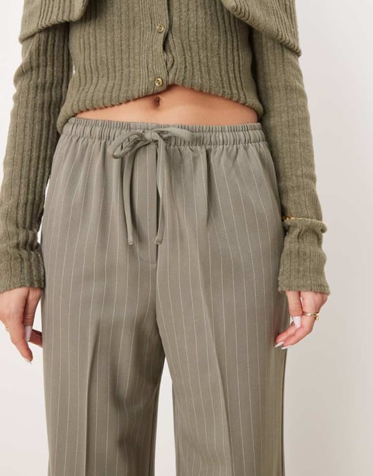 ASOS DESIGN tailored pull on trousers in khaki stripe - Image 2