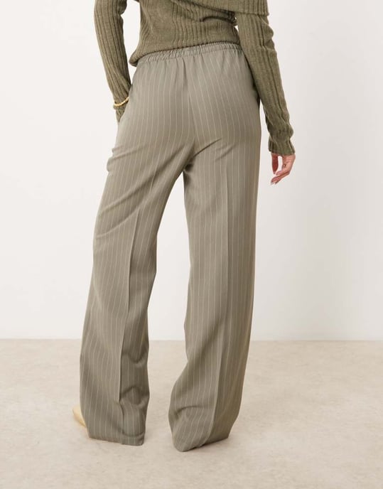 ASOS DESIGN tailored pull on trousers in khaki stripe - Image 3