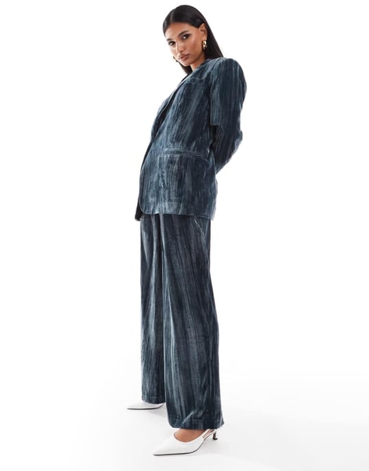 ASOS DESIGN tailored crinkle velvet trousers co-ord in blue - Image 1