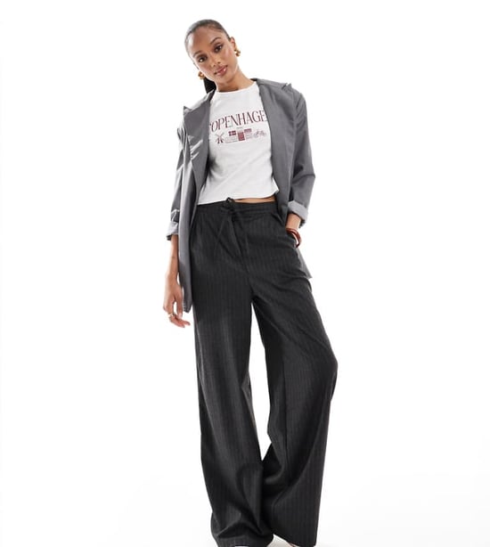 ASOS DESIGN Tall tailored tie waist wide leg trousers with pleat detail in brushed charcoal stripe - Image 1